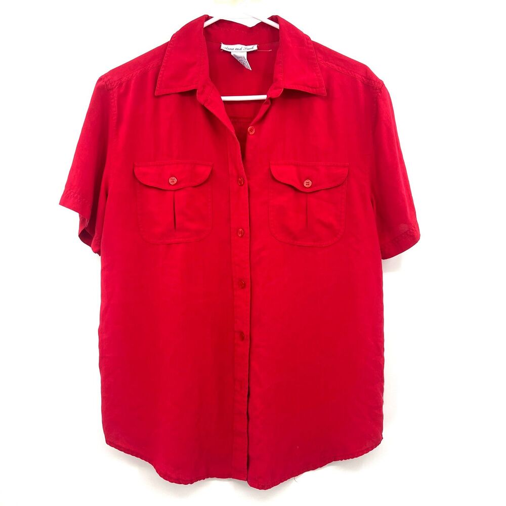 Anna and Frank 100% Silk Red Short Sleeve Button Up Camp Shirt Womens M Vintage